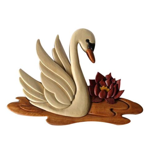 A Graceful Swan With Lotus Flower Intarsia Wall Decor - IntarsiaCrafts