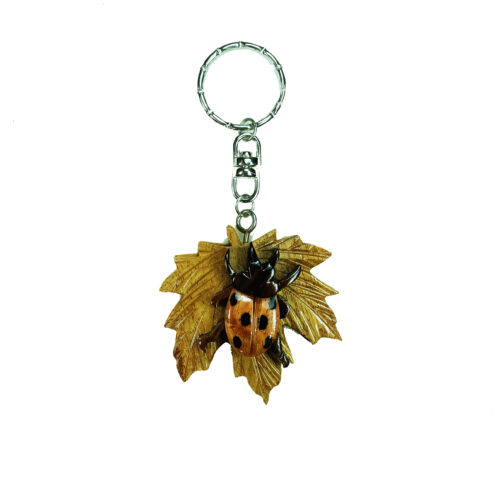 Ladybug On Maple Leaf Intarsia Keychain - IntarsiaCrafts