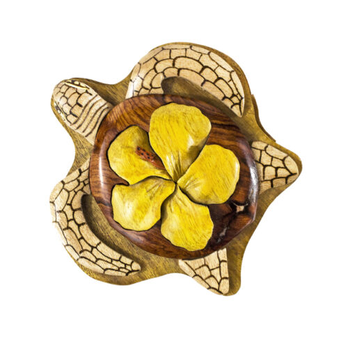 Yellow Hibiscus On Turltle Intarsia Puzzle Box - IntarsiaCrafts