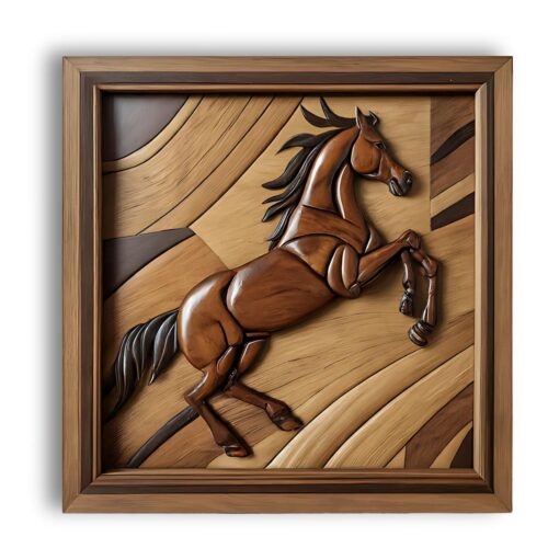 a wild horse galloping intarsia wood art