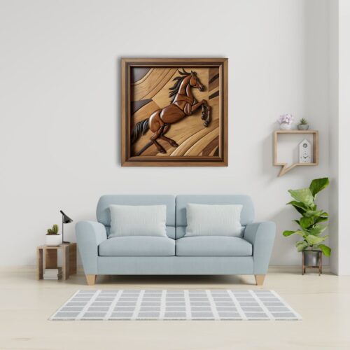 a wild horse galloping intarsia wood art on wall decor