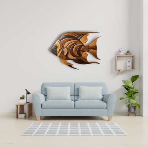 graceful angelfish wooden fish wall art make by intarsia technique on wall decor