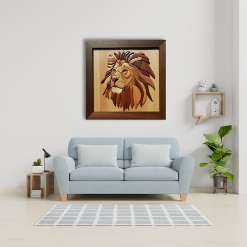 majestic lion animal intarsia wood art on wall decor