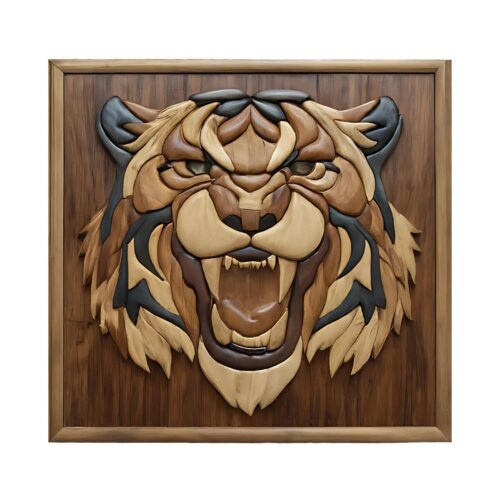 powerful tiger emerging intarsia wood art