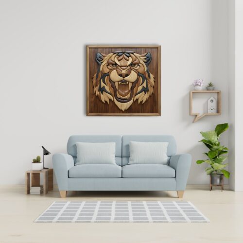 powerful tiger emerging intarsia wood art on wall decor