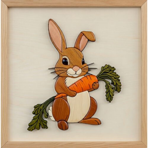 rabbit enjoying carrot intarsia wood art