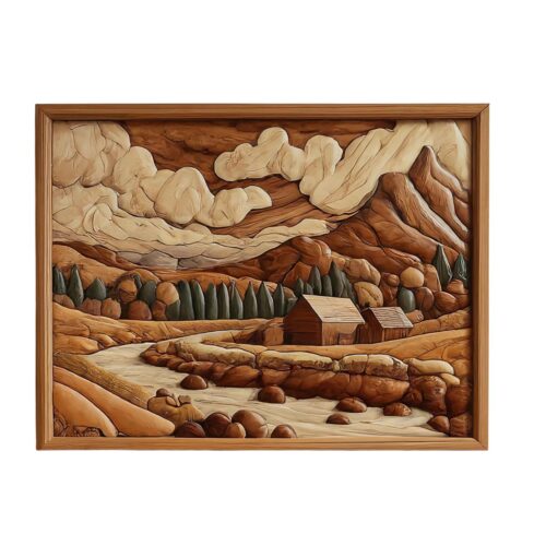 serene pastoral scene intarsia wood art for sale