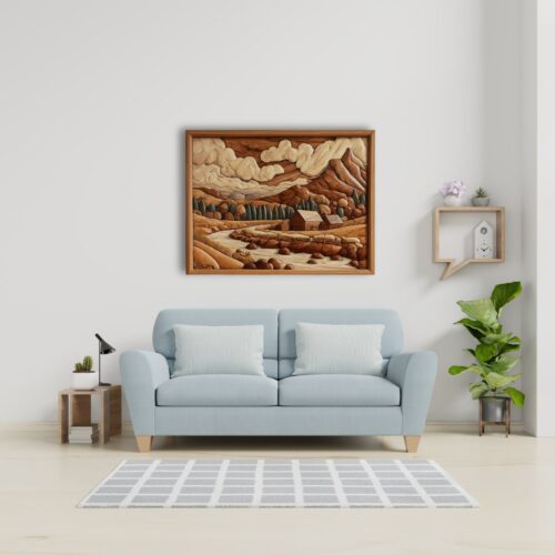 serene pastoral scene intarsia wood art on wall decor