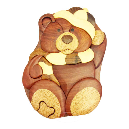 adorable teddy bear wood intarsia puzzle box for sale