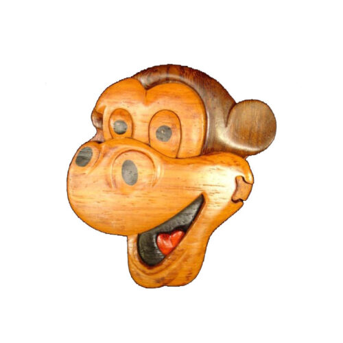 expressive face of a monkey intarsia wooden puzzle box