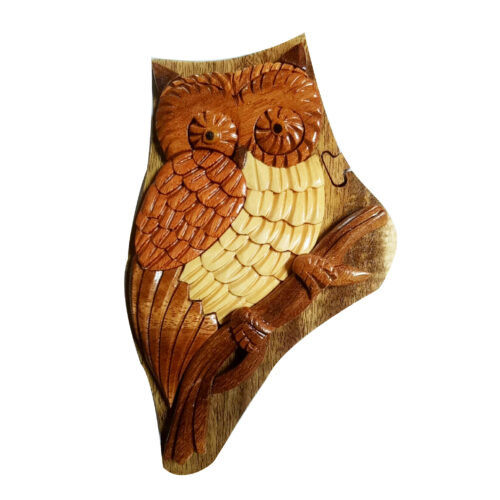 owl perched intarsia puzzle box