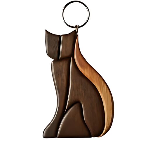 intarsia wooden cat keychain