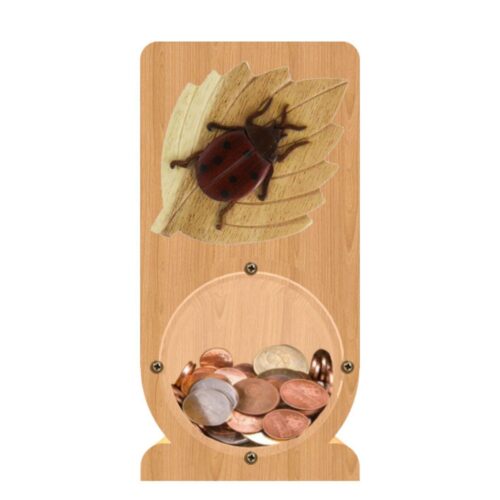 intarsia wooden piggy bank "ladybug perched" 1