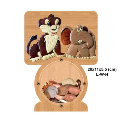 intarsia wooden piggy bank "lion and elephant" 1