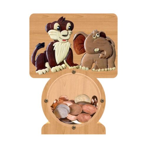 intarsia wooden piggy bank "lion and elephant"