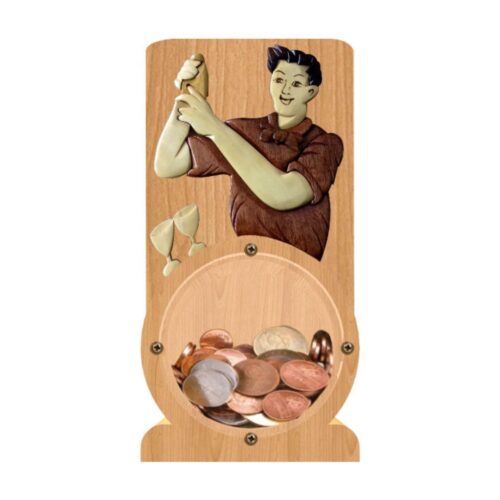 intarsia wooden piggy bank money saving box "bartender" 1