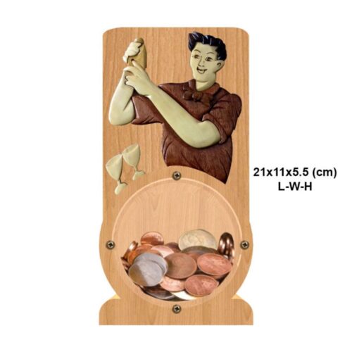 intarsia wooden piggy bank money saving box "bartender" 2