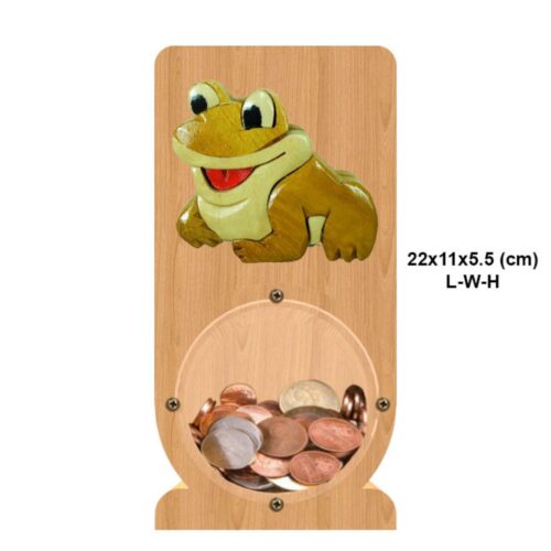 intarsia wooden piggy bank money saving box "cheerful frog" 2