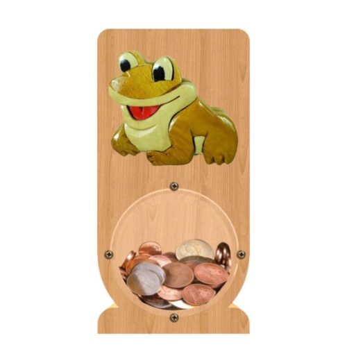 intarsia wooden piggy bank money saving box "cheerful frog"