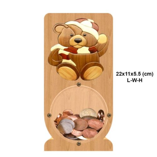 intarsia wooden piggy bank money saving box "cuddly teddy" 2