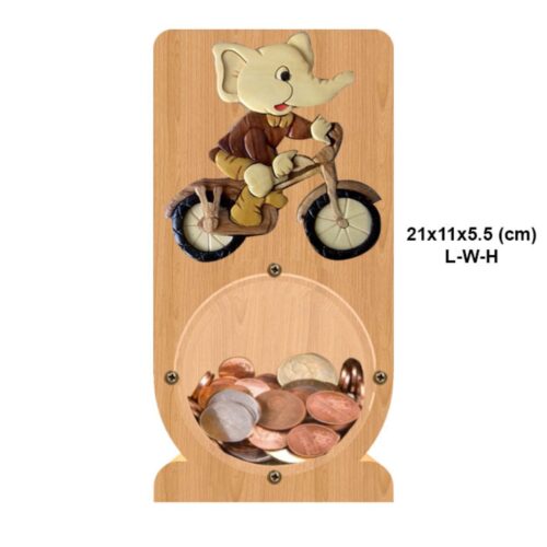 intarsia wooden piggy bank money saving box "elephant riding" 2