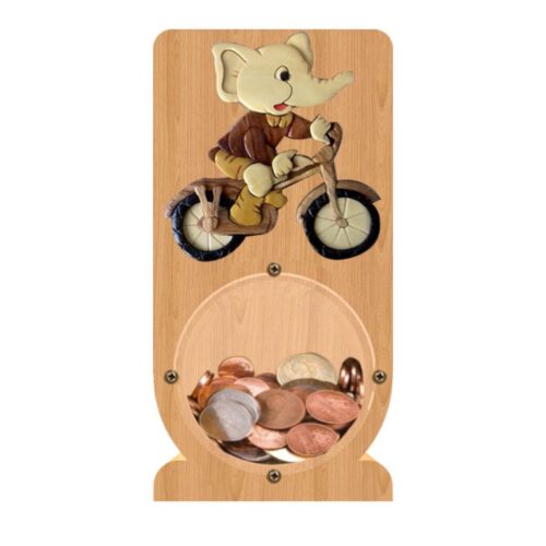 intarsia wooden piggy bank money saving box "elephant riding"