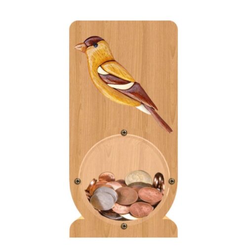 intarsia wooden piggy bank money saving box "finch" 1