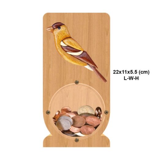 intarsia wooden piggy bank money saving box "finch" 2