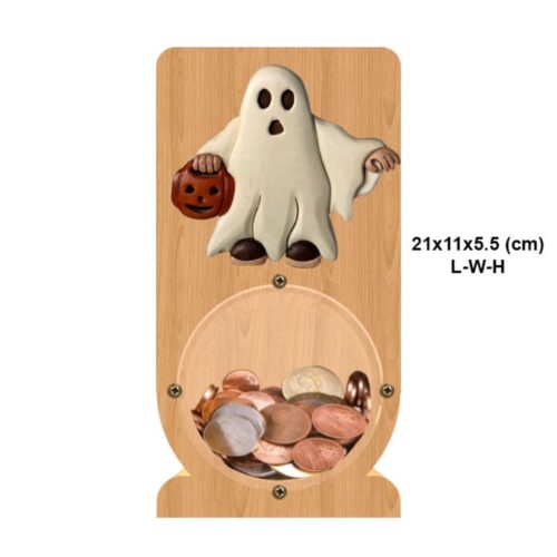 intarsia wooden piggy bank money saving box "friendly ghost" 2