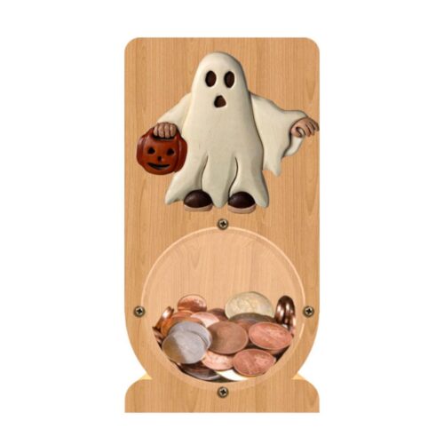 intarsia wooden piggy bank money saving box "friendly ghost"