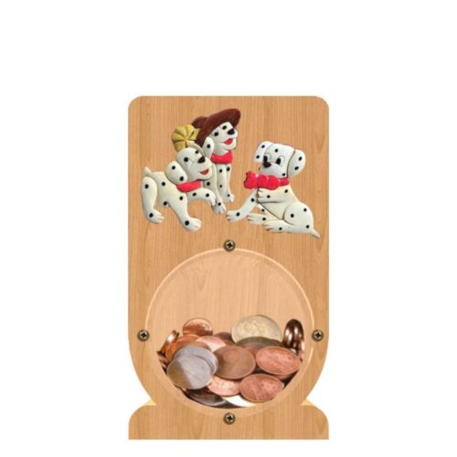 intarsia wooden piggy bank money saving box "playful dalmatian" 1