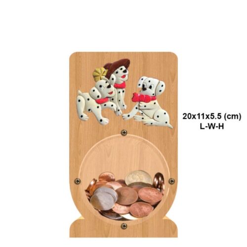 intarsia wooden piggy bank money saving box "playful dalmatian" 2