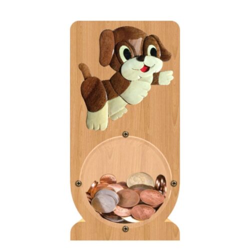 intarsia wooden piggy bank money saving box "playful puppy" 1