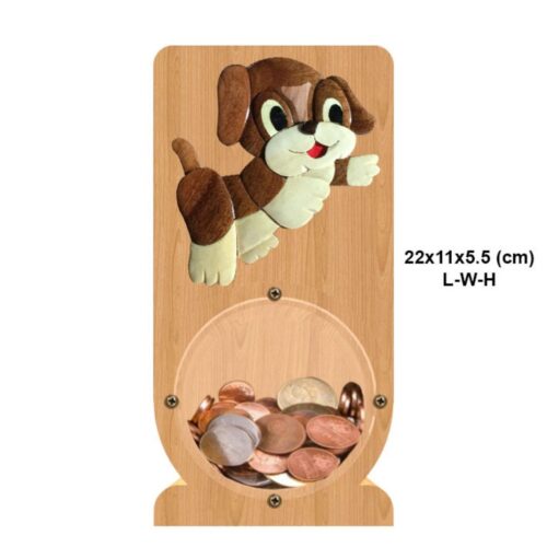 intarsia wooden piggy bank money saving box "playful puppy" 2