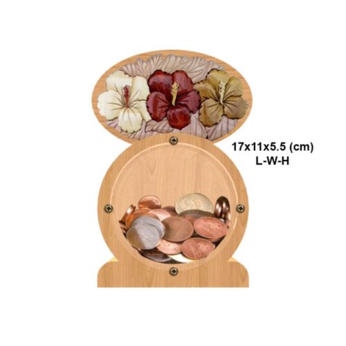 intarsia wooden piggy bank money saving box "three hibiscus" 1