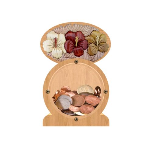 intarsia wooden piggy bank money saving box "three hibiscus"