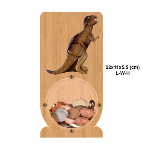 intarsia wooden piggy bank money saving box "T-Rex" 1