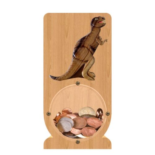 intarsia wooden piggy bank money saving box "T-Rex" 2