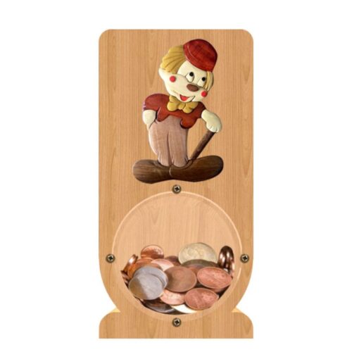 intarsia wooden piggy bank money saving box "whimsical clown" 1