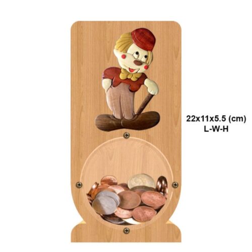 intarsia wooden piggy bank money saving box "whimsical clown" 2