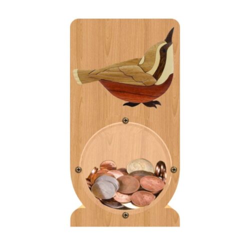 intarsia wooden piggy bank money saving box "wren" 1