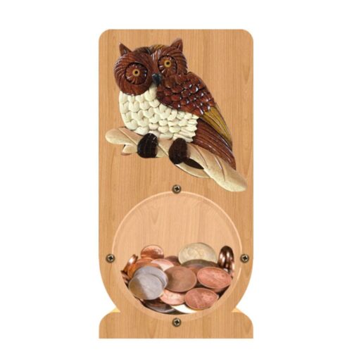 intarsia wooden piggy bank "owl perched" 1