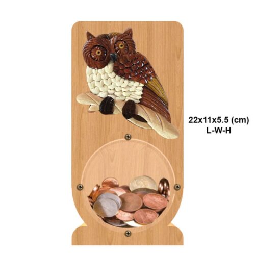 intarsia wooden piggy bank "owl perched" 2