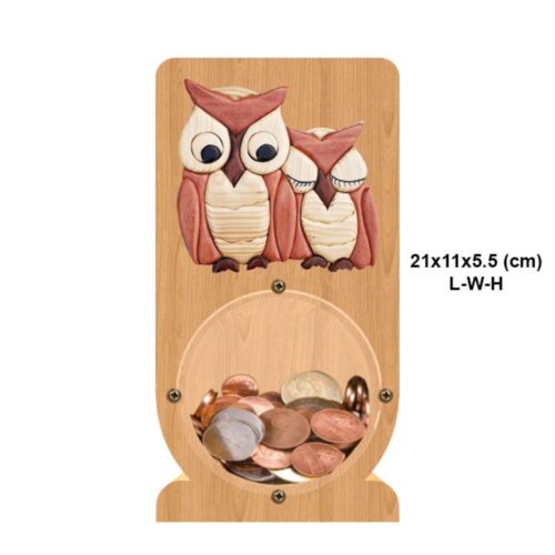 intarsia wooden piggy bank "two owls" 2