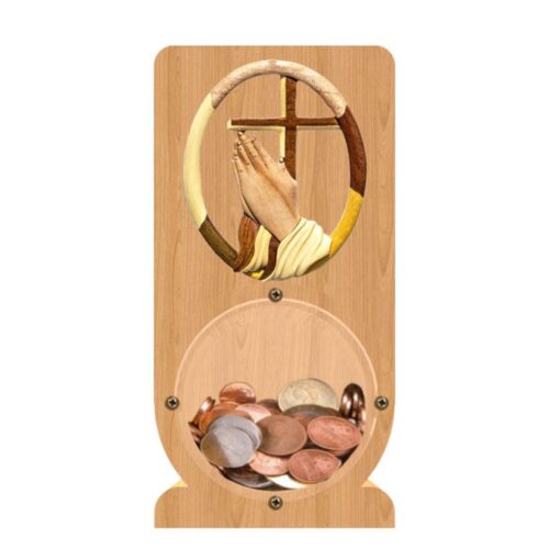 intarsia wooden piggy bank "praying hand cross"