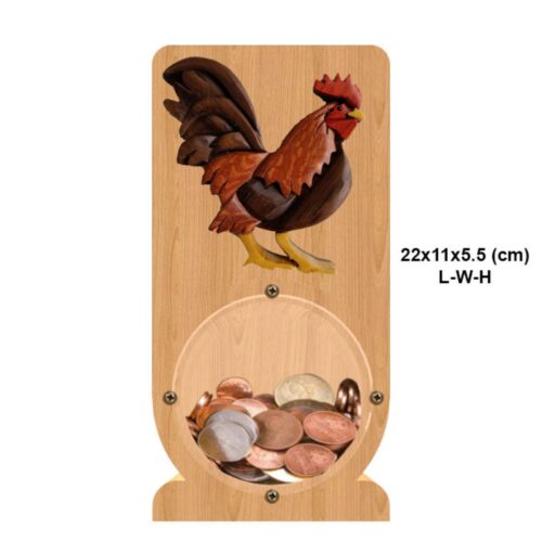 intarsia wooden piggy bank "rooster" 1