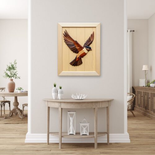 intarsia flying bird wood wall art decoration "skyward soar"