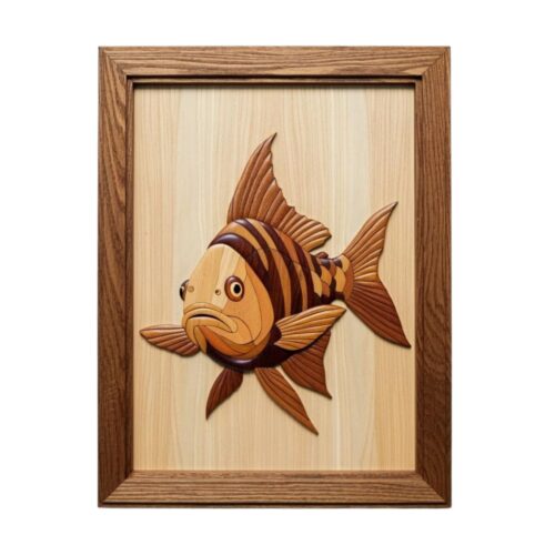 intarsia swimming fish wood wall art decor "goldfish serenity"