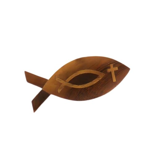 christian fish symbol intarsia wooden ornament