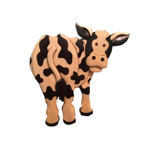 cow standing intarsia wooden animal ornament